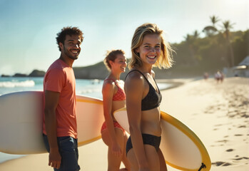 Group of friends with surfboards walking on a sunny beach, enjoying summer and preparing for a day of surfing