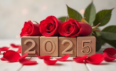 2025 with Red Roses and Wooden Blocks
