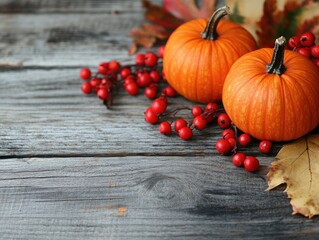 Wall Mural - Autumn festive decor with pumpkins berries and leaves on a wooden background