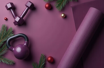 Fitness equipment on a burgundy background with elements of New Year's decor. The composition contains dumbbells, kettlebells, a yoga mat and coniferous branches with Christmas balls.