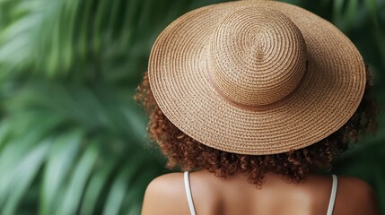 A woman in a wide-brimmed straw hat and a sleeveless top faces away, enjoying the vibrant greenery around her, symbolizing leisure and a serene connection to nature.