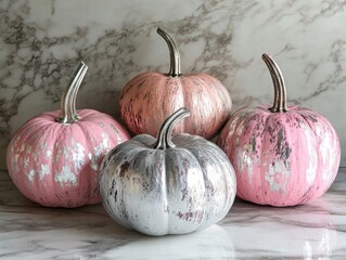 Canvas Print - Halloween pumpkin decoration with pink and silver painted pumpkins on a marble tableBei Jing