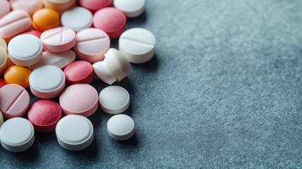 Wall Mural - a collection of round, colorful pills of various sizes and colors is scattered across a textured gra