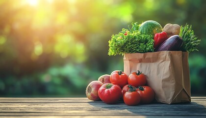 A fresh paper bag filled with colorful vegetables and fruits, showcasing nature's bounty in a sunlit outdoor setting.