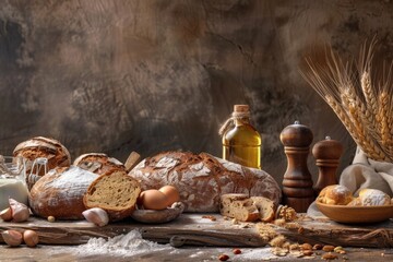 Wall Mural - Bakery ingredients for homemade bread on wooden tabletop. Background texture with copy space.