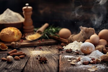 Wall Mural - Baking ingredients on wooden table for food preparation.