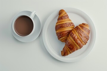 fresh croissant with hot chocolate on a white background. Top view.