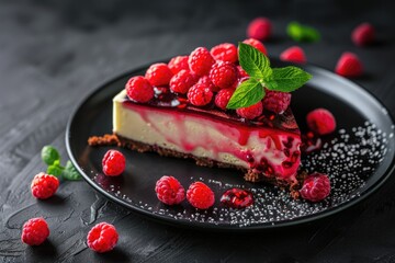 Delicious homemade cheesecake with jelly and raspberries.