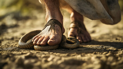 jesus christ powerfully crushing a serpent with his feet, symbolizing the devil, demonstrating his t