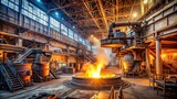 melting iron and steel processing facility in foundry or steel mill with sparking metal