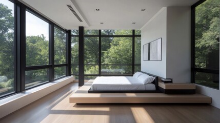 Aufkleber - Modern Bedroom with Large Windows and Minimalist Design