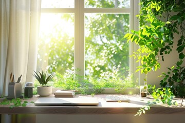 Green plant on desk with springtime window view.