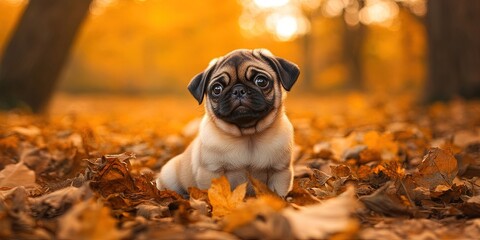 Poster - pug puppy in the fall