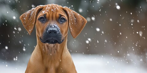 Poster - rhodesian ridgeback puppy in the winter snow