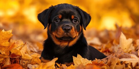 Poster - rottweiler puppy in the autumn leaves