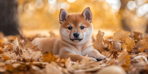 Poster - shiba inu puppy in the autumn leaves