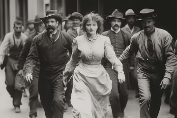 A dramatic chase unfolds through a historic city street in the early 1900s