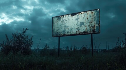 Wall Mural - empty torn advertisement on display board against overcast night sky spooky and eerie backdrop