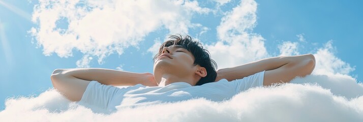 Poster - man lying down on a cloud floating in the white sky, arms are behind his head, calm and tranquil, 