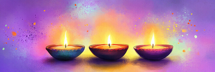 Lit diya traditional oil lamp on colorful abstract rangoli background. Deepavali, Diwali. Hindu festival of lights. Template with copy space for greeting card, banner, poster for Indian holidays