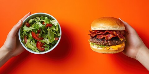 Wall Mural - one hand holding bowl of salad, one hand holding bacon cheeseburger