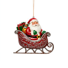 Wall Mural - Hanging vintage Christmas tree Santa Claus inside his sleigh ornament - old embossed metal detail, worn and rusty silver Xmas decoration object, isolated on a white background.	