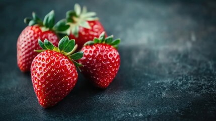 Close-up of four fresh red strawberries on a dark background.