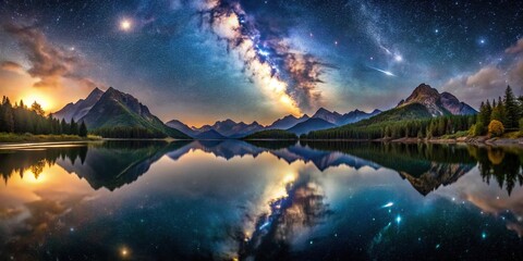 milky way reflecting in mountain lake at night, creating a symmetrical and breathtaking astronomy la