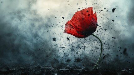 Poster - Conceptual image of a red poppy transforming into a war memorial, symbolizing the connection between sacrifice and peace.