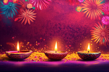 Lit diya traditional oil lamp on colorful abstract rangoli background. Deepavali, Diwali. Hindu festival of lights. Template with copy space for greeting card, banner, poster for Indian holidays