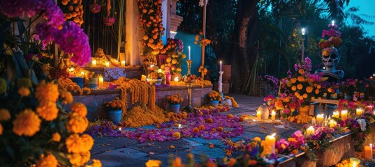 Wall Mural - Vibrant Day of the Dead Altar with Cempasuchil Flowers and Candlelight for Festive Night Celebration