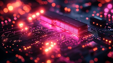 Close-up of a glowing circuit board with pink and orange lights.