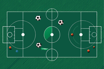 A soccer field diagram with multiple balls on the field, showing the flow of the game.