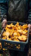 A farmer holding an open plastic crate full of golden yellow chanterelle mushrooms