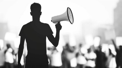 Wall Mural - Silhouette of protestor holding megaphone amidst demonstration crowd