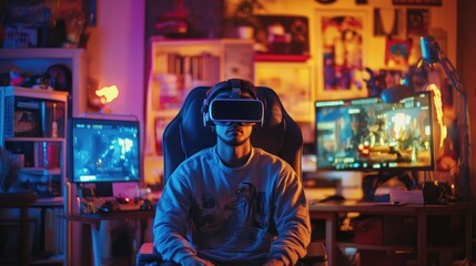 A young man wearing VR goggles sits in a gaming chair in front of two computer monitors.