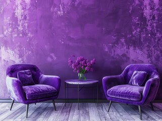 Two purple velvet armchairs with a table and flowers in a purple room, creating a luxurious and stylish interior design