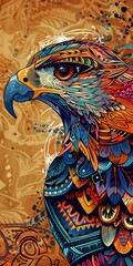 Sticker - Hawk head in conceptual art with vibrant tribal patterns.