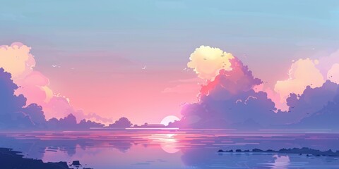 Poster - A beautiful sky with a pink and purple sunset. The sky is filled with clouds and the sun is setting. The water is calm and the sky is filled with birds flying