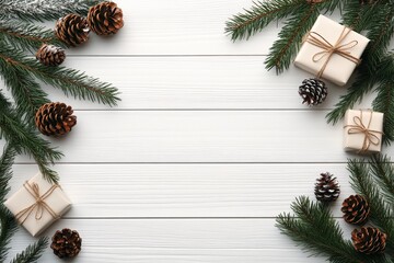 Christmas Gift Boxes, Pine Cones, and Fir Branches on White Wood Background, Space for Greeting.