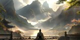 Fantasy elements blend with traditional martial arts in a peaceful setting.