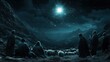 © GlimmyGlyphs - Shepherds surprised in their campsite by an extraordinary light from the sky, performing dramatic gestures, The Angelic Announcement to the Shepherds, The Annunciation to the Shepherds, Christmas