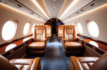 General plan. Expensive interior of a private jet with leather seats. The concept of comfortable transportation.