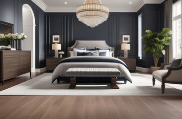 Master bedroom design with expensive furniture, wood floors and modern rugs.