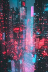 Poster - Artistic representation of a synthwave skyscraper, combining vibrant city lights and abstract designs in double exposure.