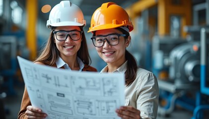 two young female engineers smiling while reviewing construction plans for project management and col