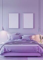 Minimalist purple bedroom interior design with bed, pillows, blanket, and two blank picture frames. Serene and peaceful atmosphere with soft lighting