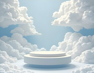 3d render of a light white podium in the sky surrounded by clouds for product display. Abstract Podium Surrounded by Fluffy Clouds on a Blue Background. Empty Showcase for Product Presentation