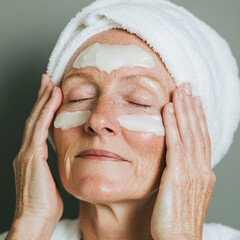 older middle age woman applying skincare mask moisturiser bathroom fresh setting clean close up