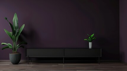 Modern minimalist living room interior design with black sideboard, green plant and copy space on empty dark purple wall background. 3D rendering